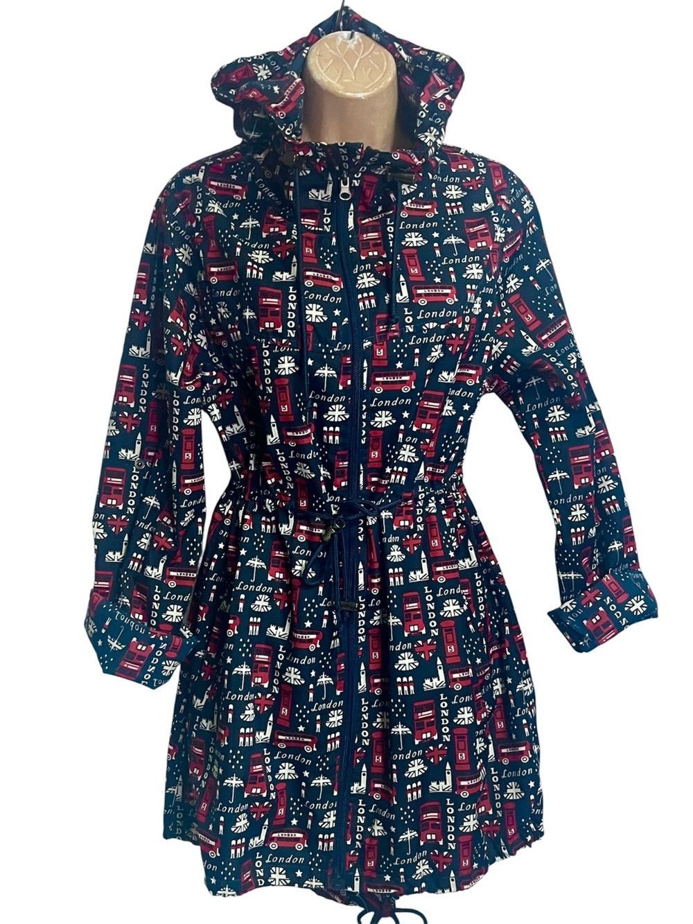 Denim & Co. Pocket Parka Blue Red Lightweight Polyester  London-themed O/S Small